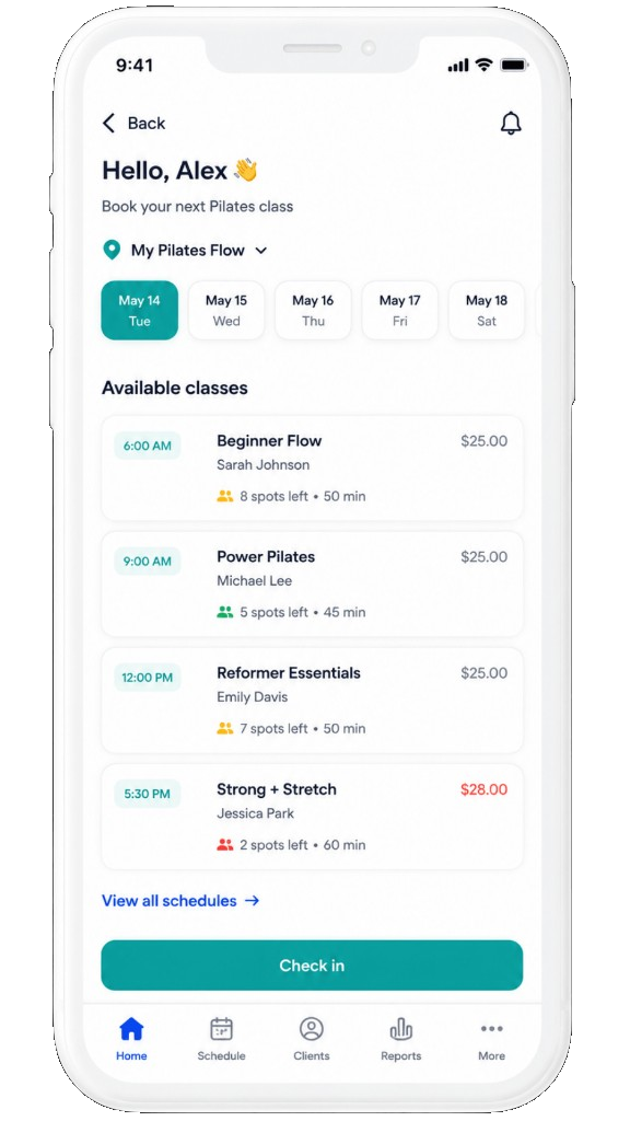 FitFlowDesk mobile booking app