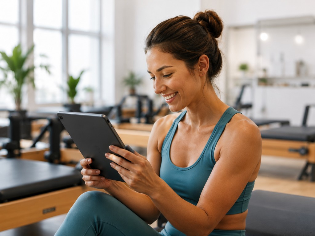 Studio owner using FitFlowDesk on a tablet
